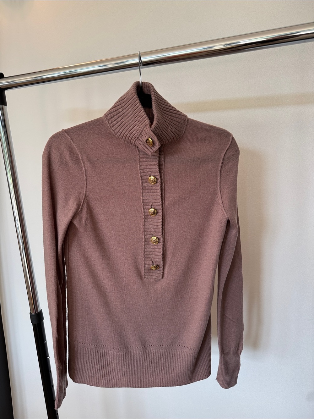 Tory Burch Rosewood Button-Up Funnel Neck Sweater